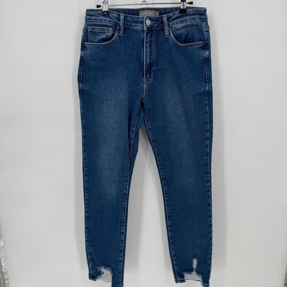 JUST USA Women Blue‎ Wash Denim Jeans Cropped Splt Raw Hem Size 14